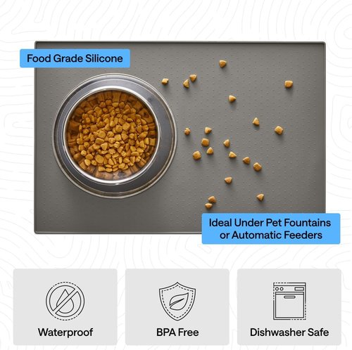 GORILLA GRIP Waterproof Silicone Pet Feeding Mat - 100% BPA Free, Spill Containment, 18.5x11.5 Gray