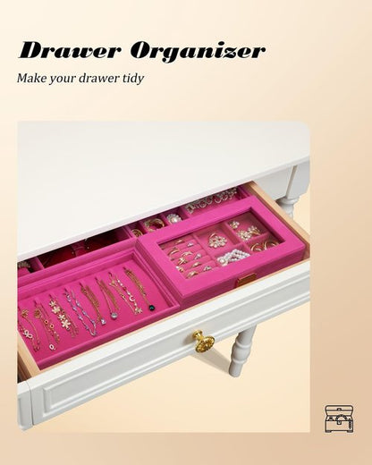 Homde Jewelry Tray Stackable Jewelry Box Drawer Organizer with Glass Lid, Removable Dividers for Vanity Table Gift Idea for Girls and Women (Pink)