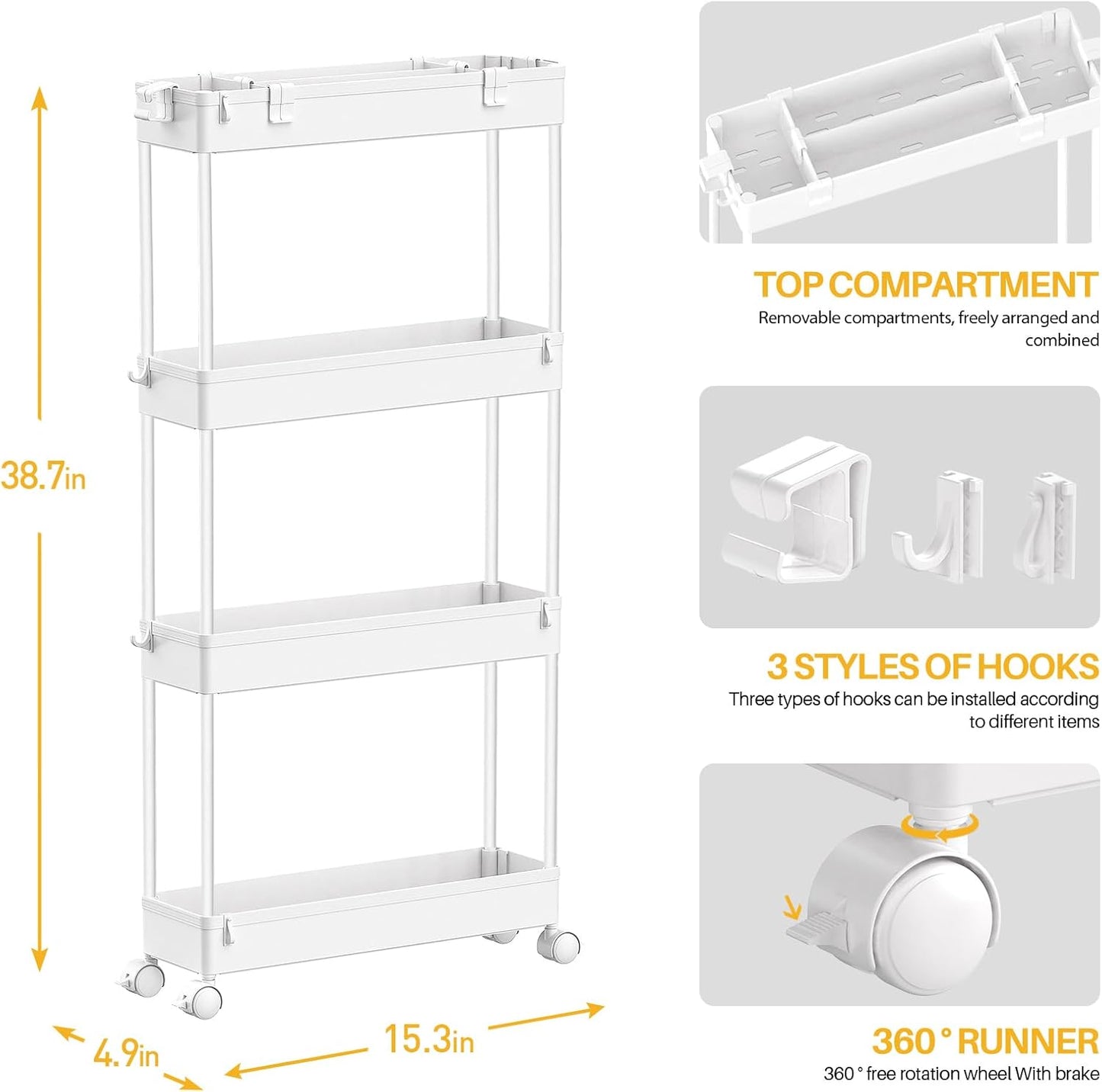 SPACELEAD Slim Storage Cart - 4-Tier Rolling Utility Organizer for Bathroom, Kitchen & Laundry | White