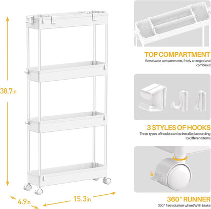 SPACELEAD Slim Storage Cart - 4-Tier Rolling Utility Organizer for Bathroom, Kitchen & Laundry | White