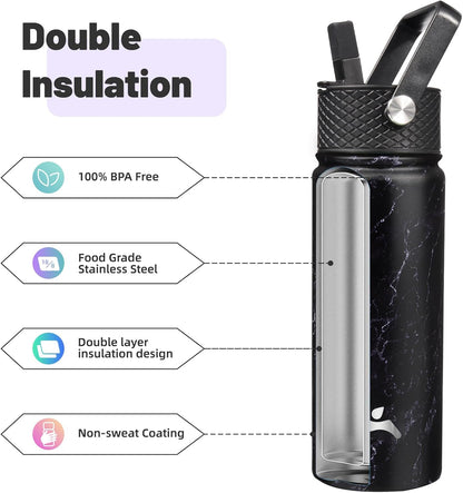 Skiennix 18 oz Insulated Water Bottle - Stainless Steel Sport Bottle with 3 Lids | Marble Midnight