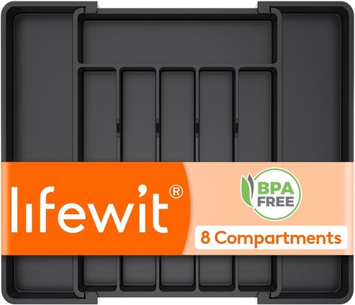 Lifewit Expandable Silverware Drawer Organizer - BPA-Free Utensil Tray for Kitchen | Adjustable 11-18 x 14", Black