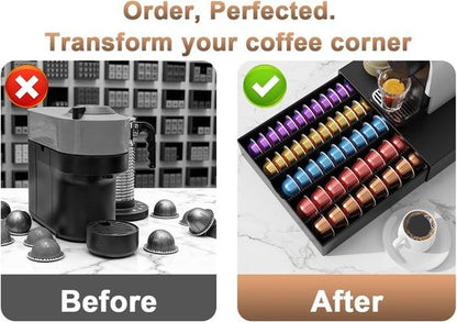 Coffee Pods Drawer Organizer - Nespresso Vertuo Compatible | Holds 60 Small or 40 Large Pods (Black)
