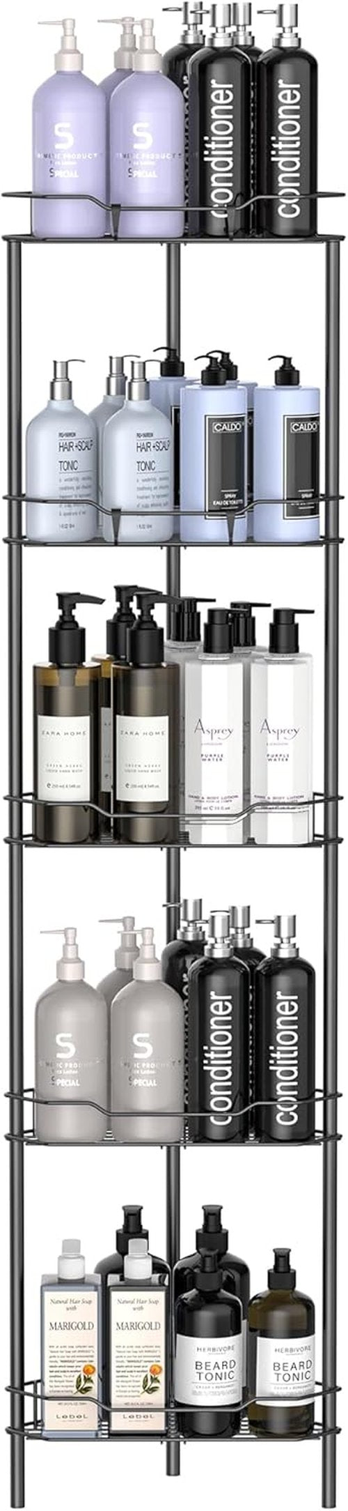 HuggieGems 5-Tier Corner Shower Caddy Organizer - Stylish Matt Black Bathroom Shelf Stand with Hooks