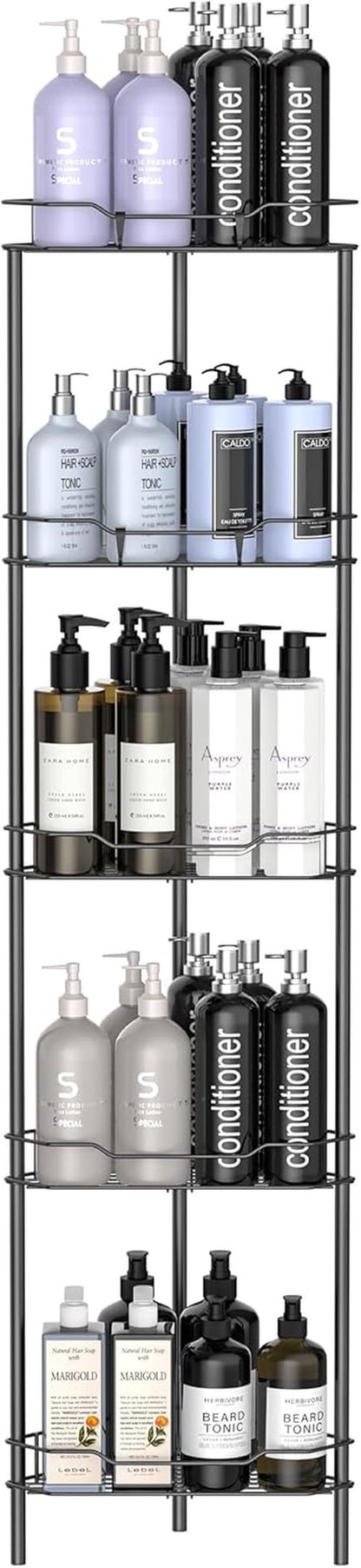 HuggieGems 5-Tier Corner Shower Caddy Organizer - Stylish Matt Black Bathroom Shelf Stand with Hooks