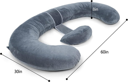 Queen Rose Pregnancy Pillow - E-Shaped Body Pillow for Side Sleepers | Detachable Grey Velvet, 60in