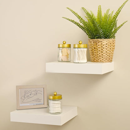 SheeChung Qtip Dispenser Holder Set - 4 Glass Apothecary Jars with Gold Lids & Stickers | Bathroom Storage Organizer