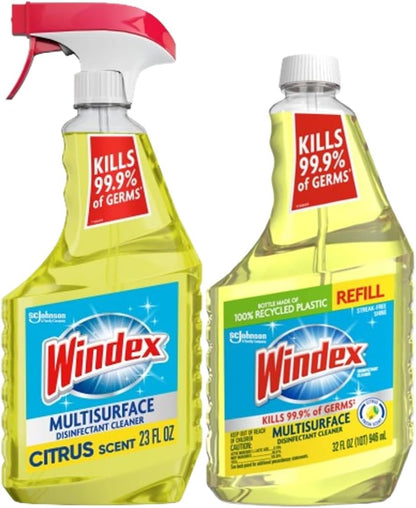 Windex Multipurpose Disinfectant Cleaner Spray - 23 oz Trigger & 32 oz Refill | Citrus Fresh Scent