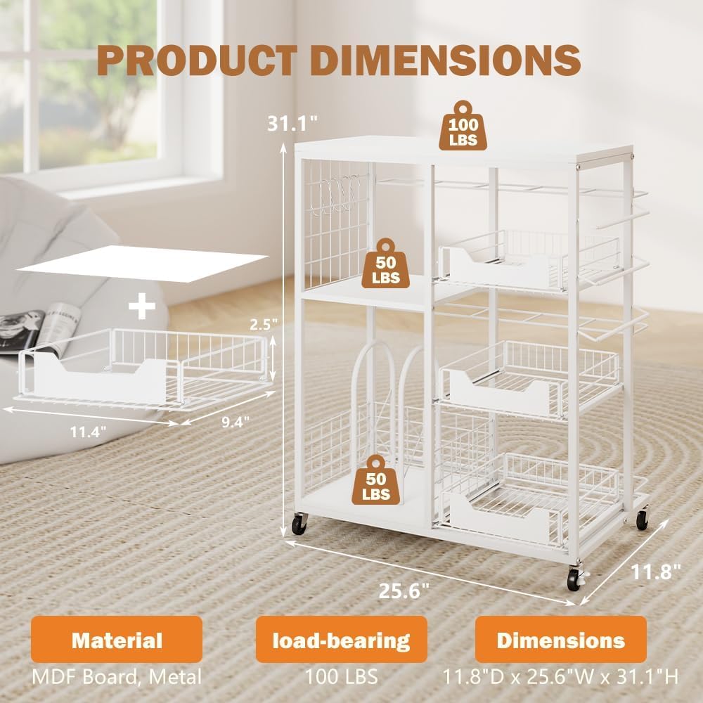 Skiennix Wrapping Paper Organizer - Rolling Gift Wrap Cart with 20 Roll Holders & 3 Drawers, White