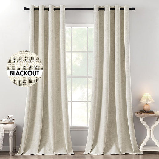 MIULEE 100% Blackout Linen Textured Curtains - Thermal Insulated Cream Drapes for Bedroom | 52 x 120 Inch (2 Panels)