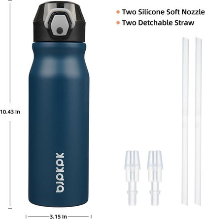 BJPKPK Insulated Water Bottle - 25oz Stainless Steel Flask with Straw, Leak-Proof Lid & Carry Handle | Navy Blue
