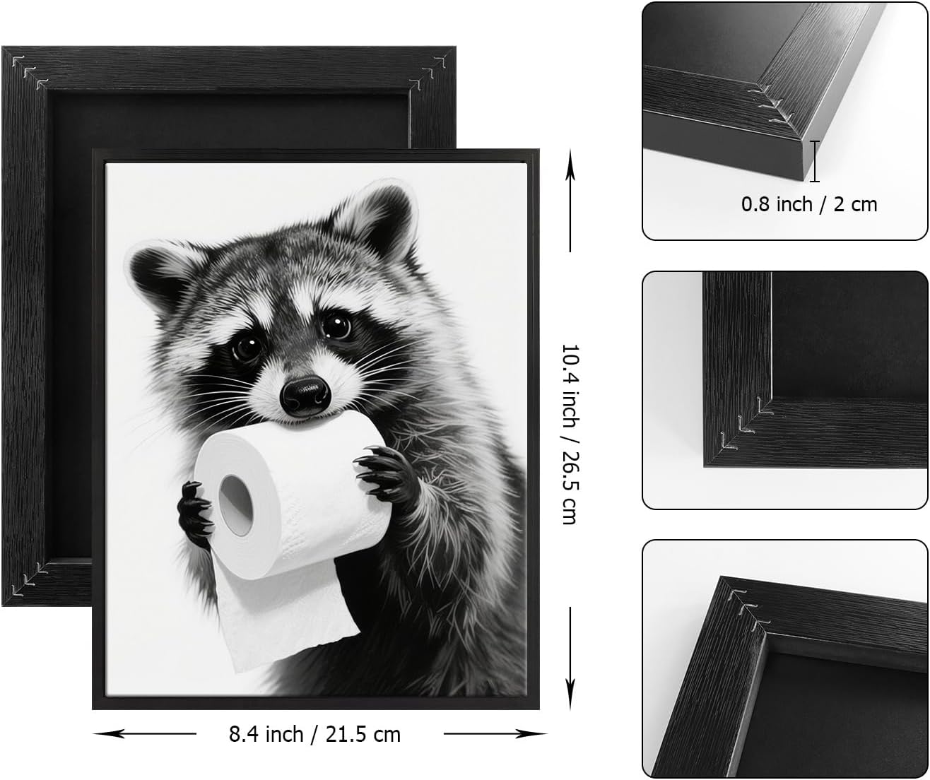 Pinetree Art Cute Raccoon Wall Decor - Framed Black and White Bathroom Art for Guest Restrooms