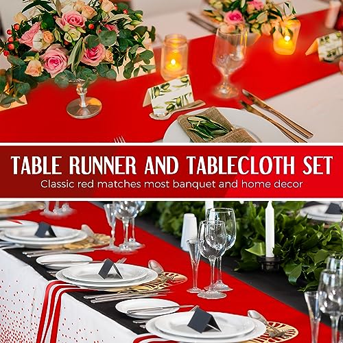 Tudomro 16 Pack White and Red Plastic Tablecloths with Satin Runners Set - Wedding Party Decor