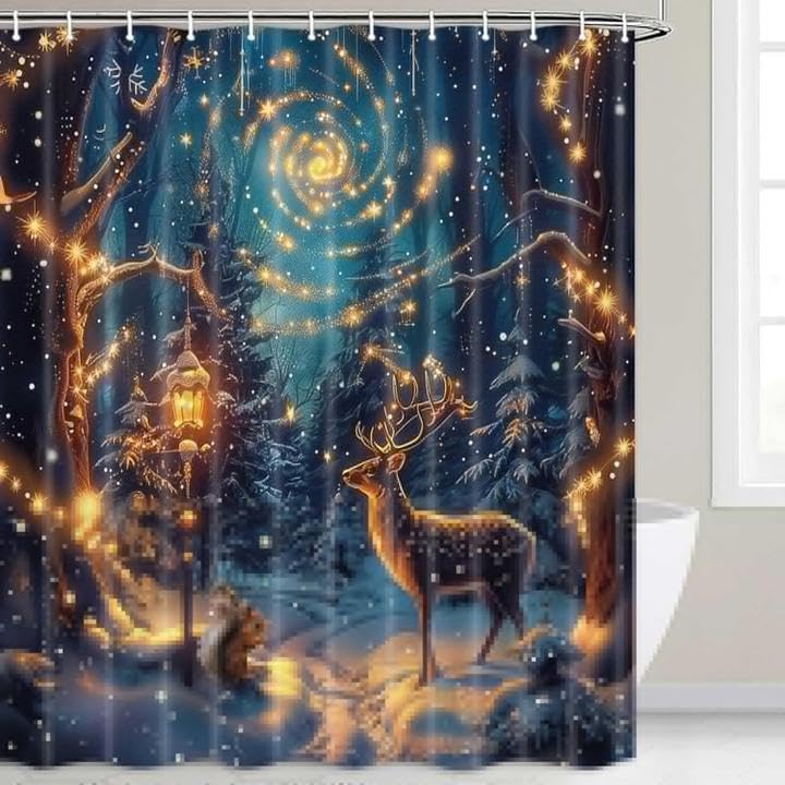 Christmas Shower Curtain Set 72x72 in with Hooks — Green Winter Reindeer Snowy Forest