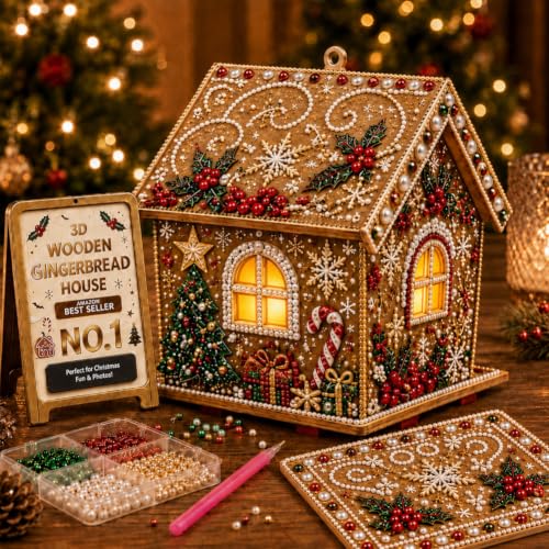 3D Wooden Christmas Gingerbread House Pearl Art Kit with Lights - Multiple Styles