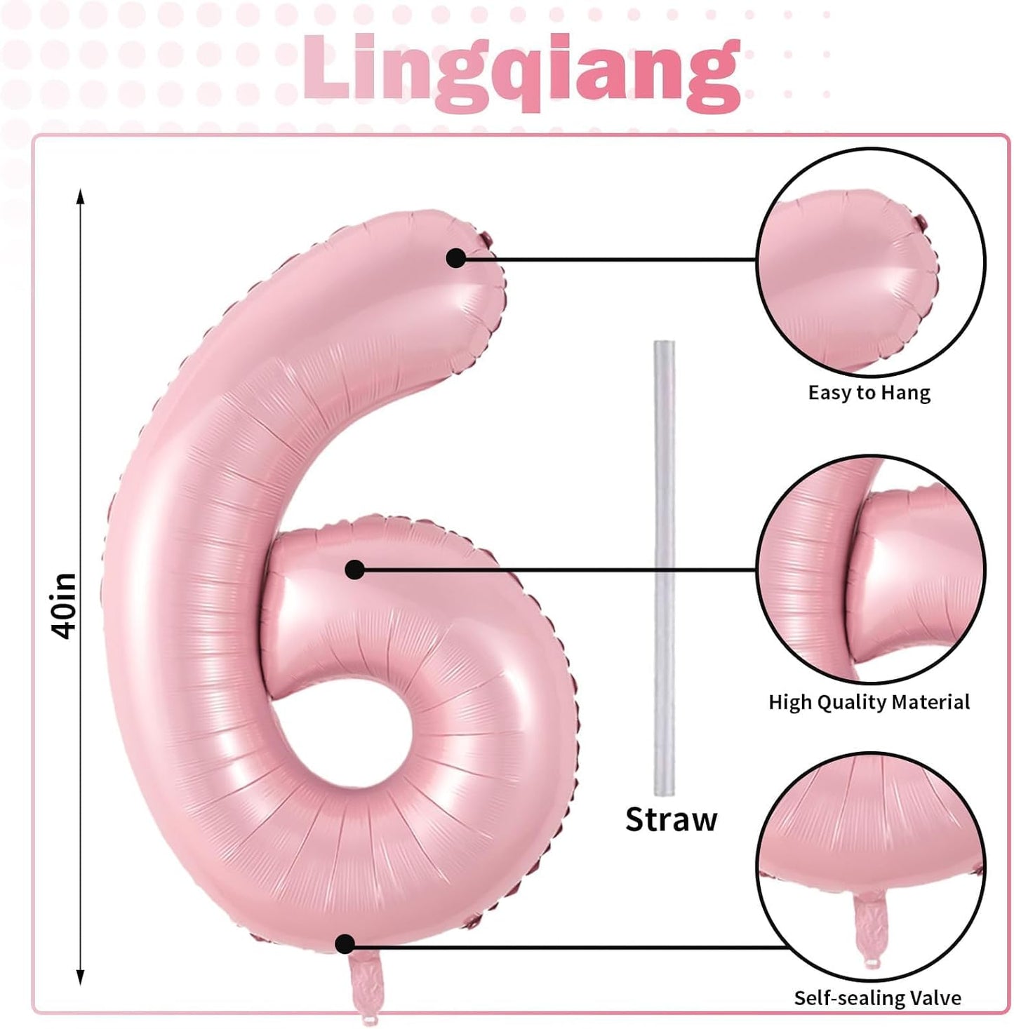 Pastel Pink Number 6 Balloons - 40 In Large Foil Helium Balloons for Girls' Birthday Party