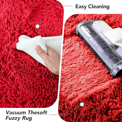 Red Fluffy Rug 4x6 ft Plush Non-Slip Bedroom Carpet - Cozy Shag Home Decor