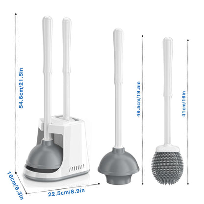 Unique Toilet Plunger and Brush, Silicone Brush and Heavy Duty Toilet Plunger Set with Ventilated Holder, 2-in-1 Toilet Brush and Plunger Combo for Bathroom Cleaning-New Pack (White)