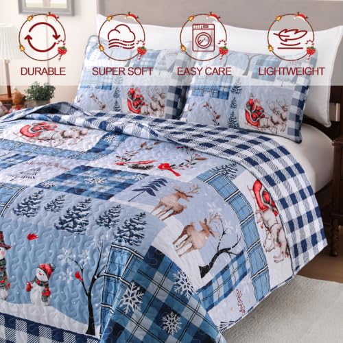King Size Christmas Quilt Set Blue Buffalo Plaid Bedding with Pillowcases - Seasonal Home Decor