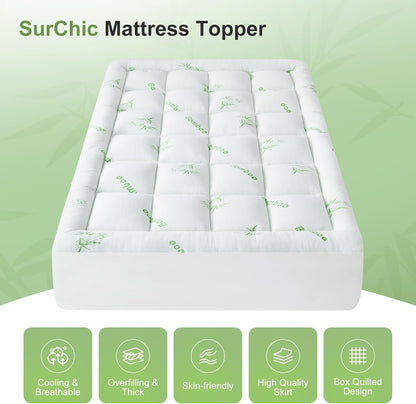 Skiennix Queen Size Mattress Topper - Soft Bamboo Viscose Pillow Top for Back Pain Relief | Cooling Protector, White