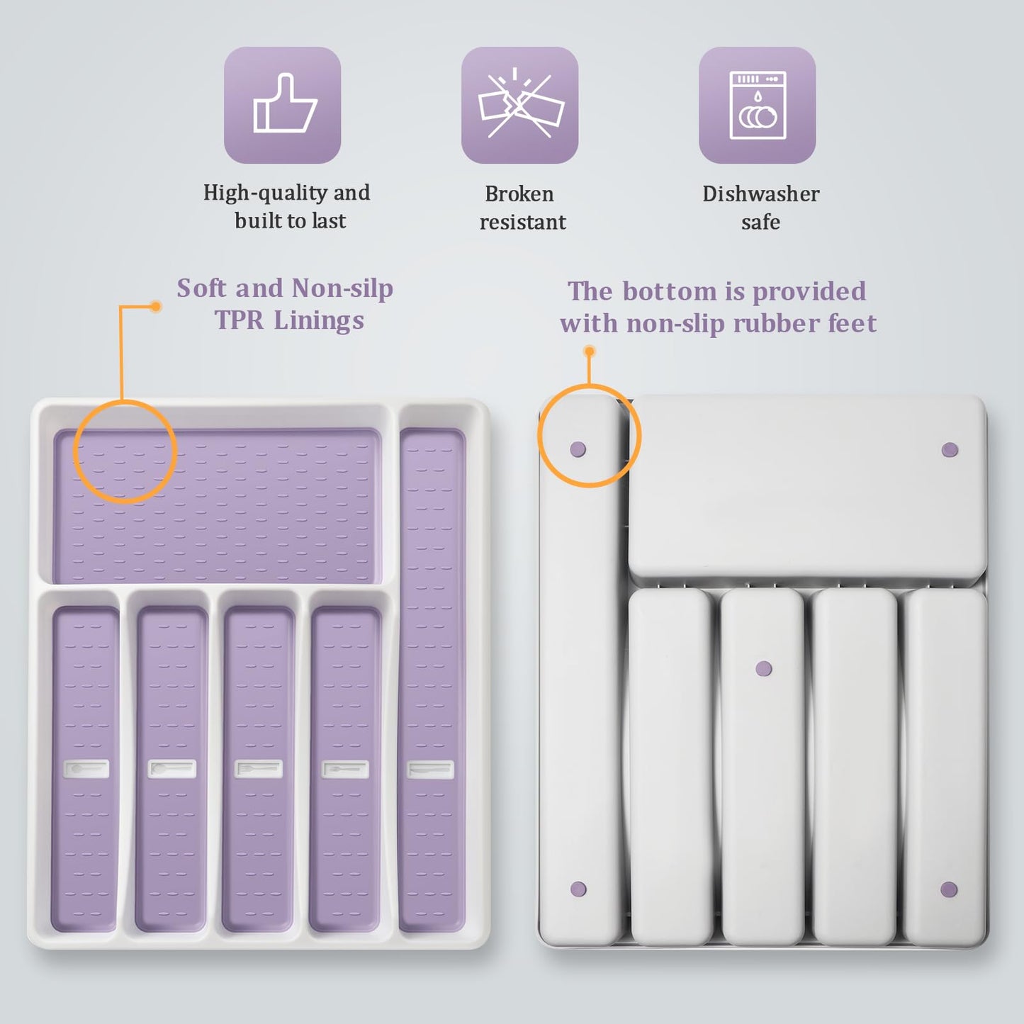 Silverware Organizer with Cutlery Icons，Silverware Tray for Kitchen Drawer，Plastic Flatware Tableware Silverware Drawer Organizer Utensil Organizer with Non-slip TPR Linings，6-Compartment,Purple