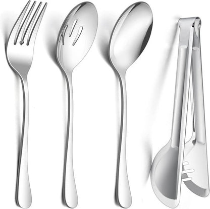 E-far Large Serving Utensils Set - 8-Piece Stainless Steel Serving Spoons, Fork & Tongs | Dishwasher Safe