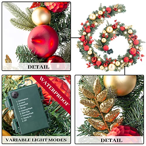 Pre-Lit Christmas Wreath and Garland with 50 LED Lights Red Gold Theme