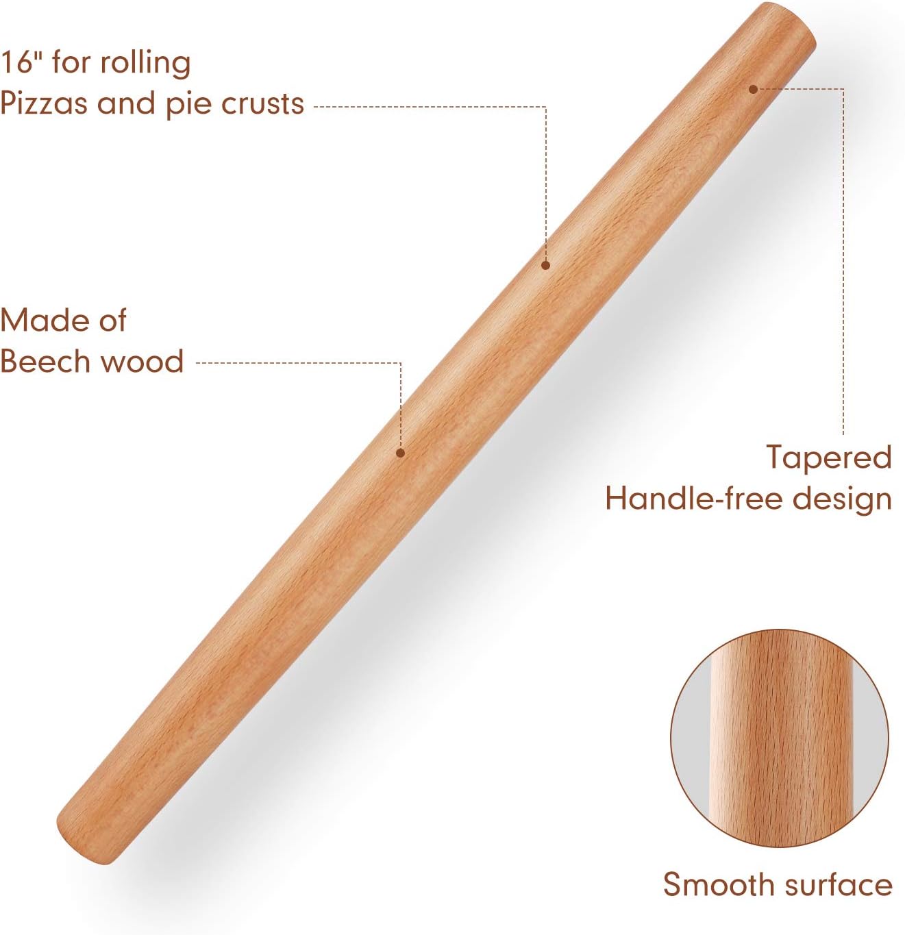 QUELLANCE Wood Rolling Pin - Beech Wood Dough Roller with Silicone Baking Mat for Pizza, Pastries & Cookies