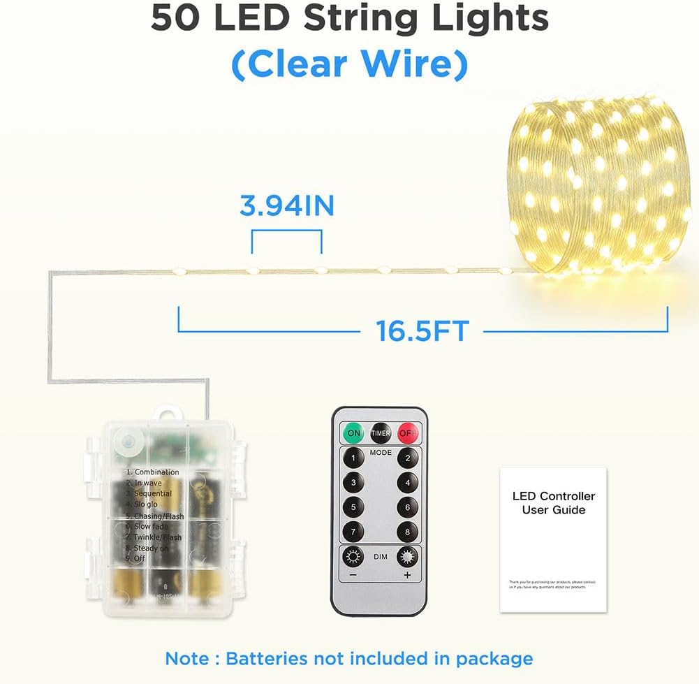 Skiennix 50 LED Battery Operated String Lights - 16.5ft Fairy Lights with Remote & Timer for Indoor/Outdoor Decor - Warm White