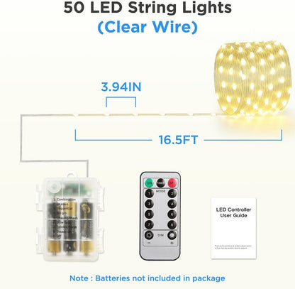 Skiennix 50 LED Battery Operated String Lights - 16.5ft Fairy Lights with Remote & Timer for Indoor/Outdoor Decor - Warm White