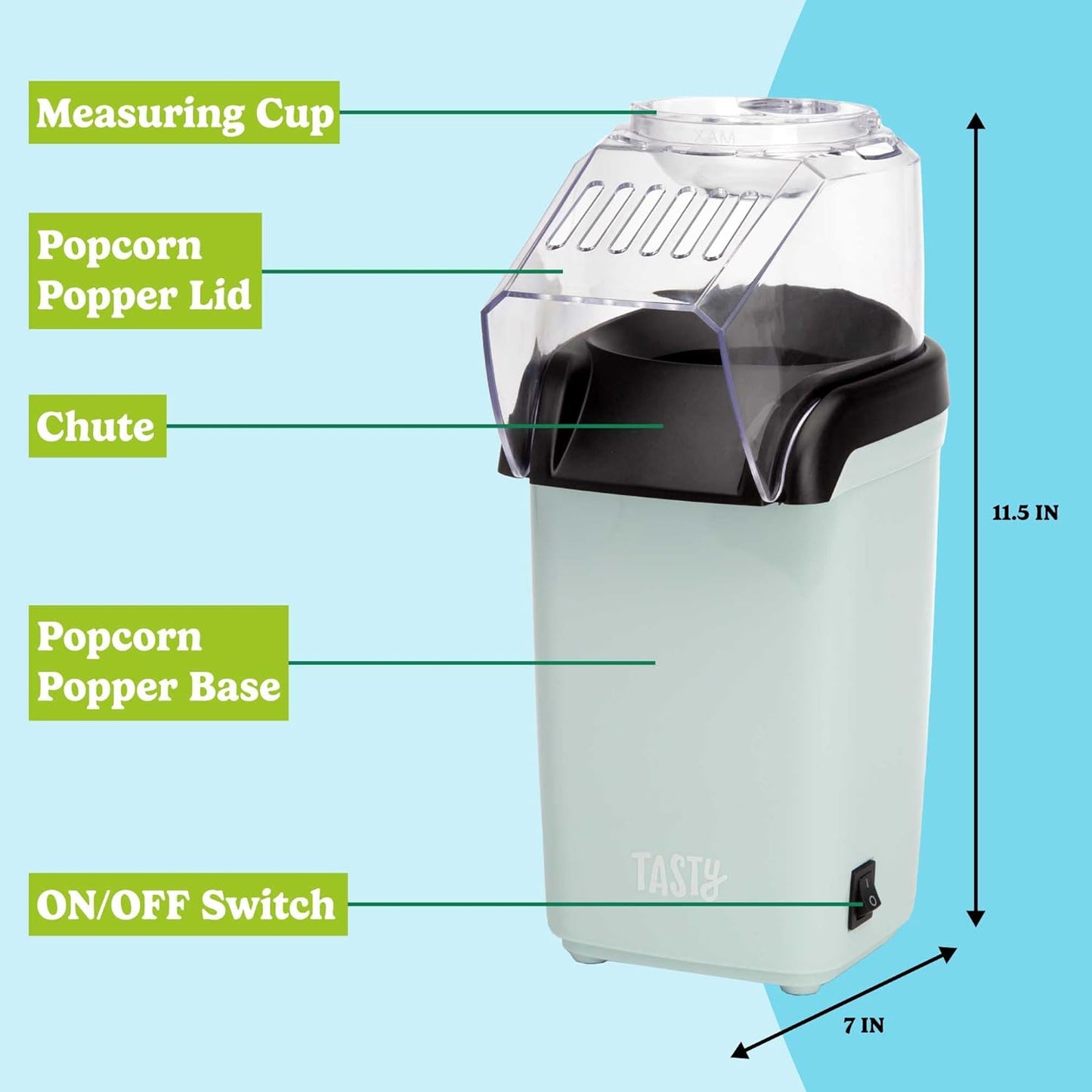 Tasty Hot Air Popcorn Popper - Healthy, Fast & Easy Popcorn Maker with Measuring Cup & Butter Warmer | 8 Cups, Aqua