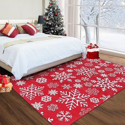 Christmas Snowflake Area Rug 5x7 Feet Red Floor Cover for Holiday Decor - Variation of Red Snowflake