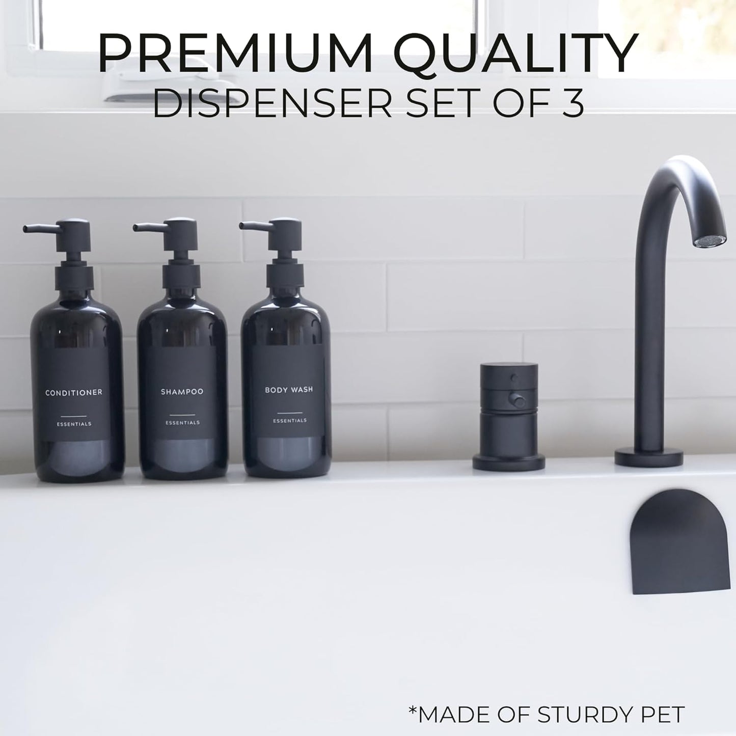 Stylish Shampoo and Conditioner Dispenser Set - Modern 21oz Black Shower Soap Bottles with Pump & Labels