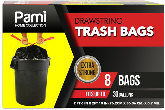 PAMI 30-Gallon Drawstring Trash Bags - Extra-Strong, Thick, Unscented Garbage Liners | 8-Pack, Black