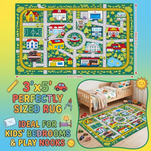 Kids City Traffic Play Rug - 3x5 Feet Non-Slip Playroom Carpet with Landmarks - Multi 2006