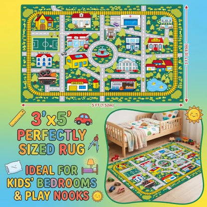 Kids City Traffic Play Rug - 3x5 Feet Non-Slip Playroom Carpet with Landmarks - Multi 2006