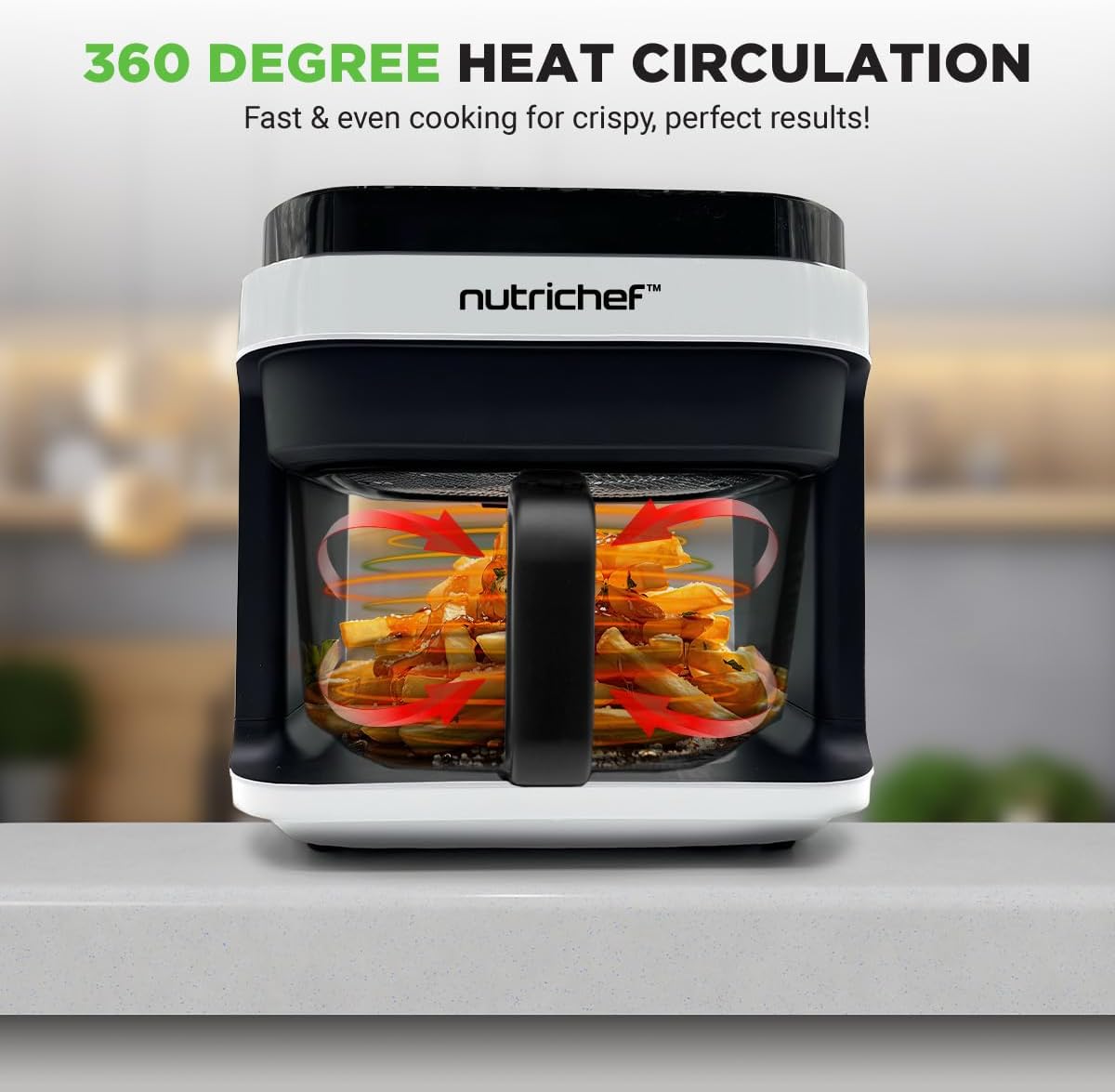 Nutrichef 5.8 Quart Air Fryer - 8-in-1 Cooking Modes | Transparent Fry Bowl for Perfect Results | White