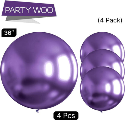 PartyWoo Metallic Purple Balloons - 36 Inch Chrome Latex Helium Balloons for Celebrations | 4 Pack