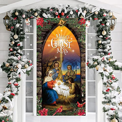 Religious Christmas Nativity Door Cover - Holy Scene for Holiday Decor 70x35 Inches