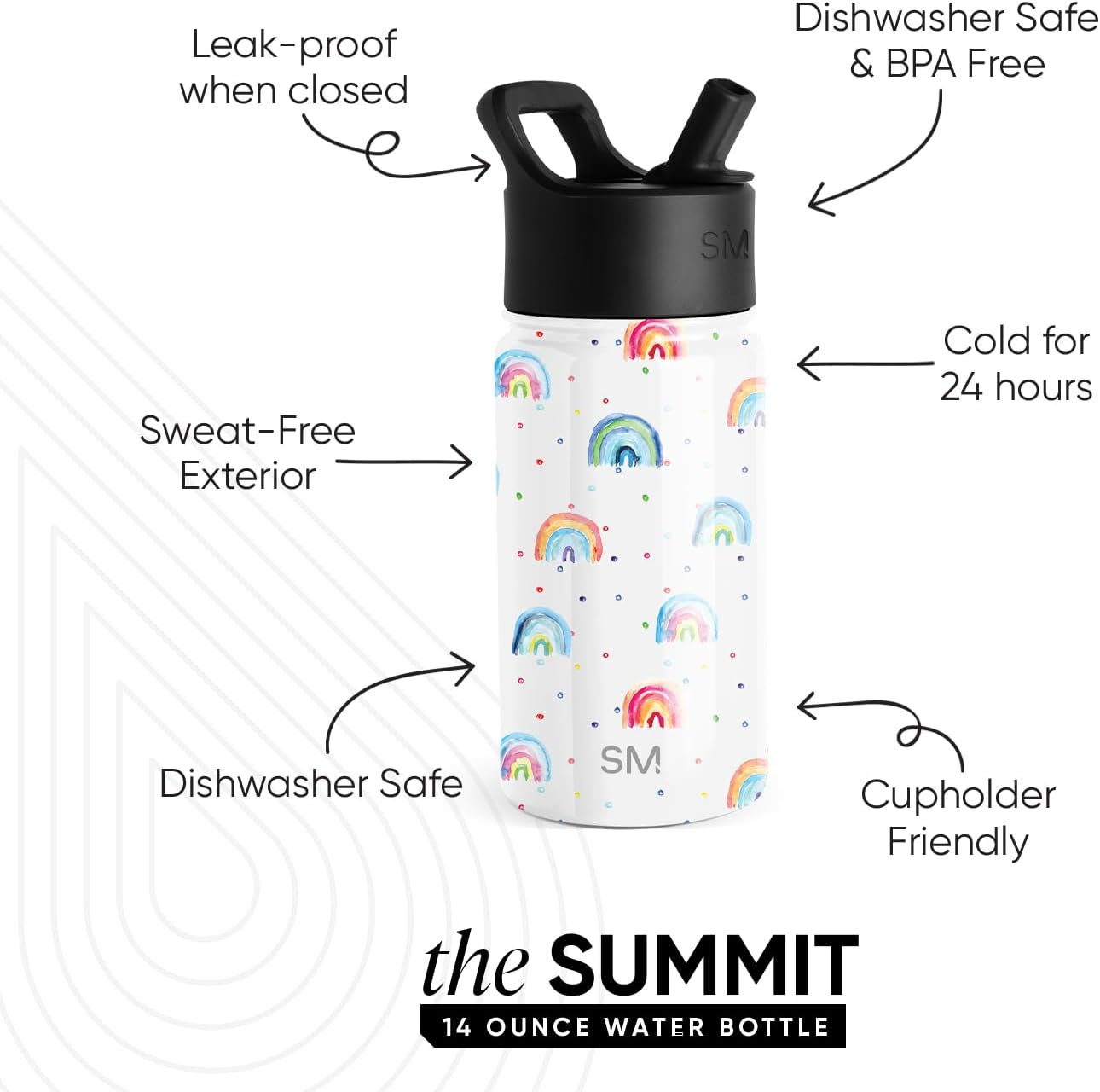 Simple Modern Kids Summit Water Bottle - 14oz Insulated Stainless Steel Tumbler with Straw Lid | Rainbow Dream