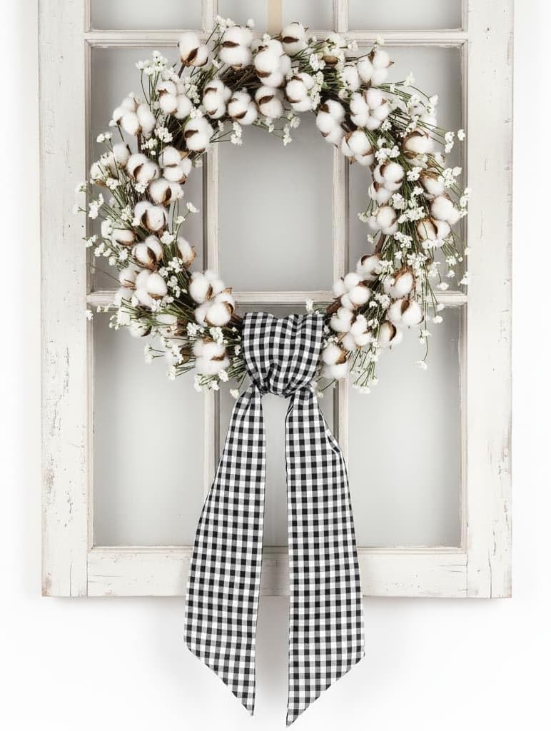 Regine Switzerland Wreath Sash - Elegant Black White Checkered Plaid Bow for Year-Round Home Decor (5.12" x 54.33")