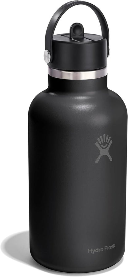 Hydro Flask Water Bottle - Insulated Stainless Steel - Leakproof Wide Straw Lid, 64 Oz Tonal Black