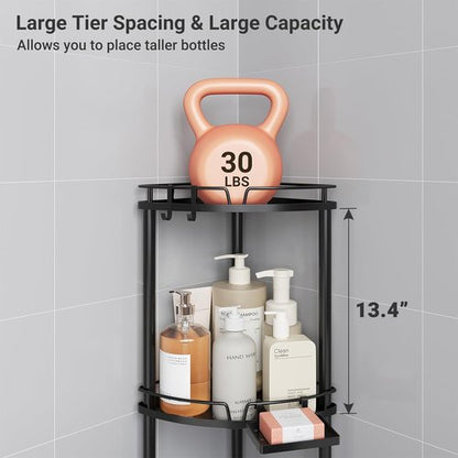 ELYKEN Corner Shower Caddy - 3-Tier Rustproof Metal Organizer with Soap Holder & Adjustable Feet - Black