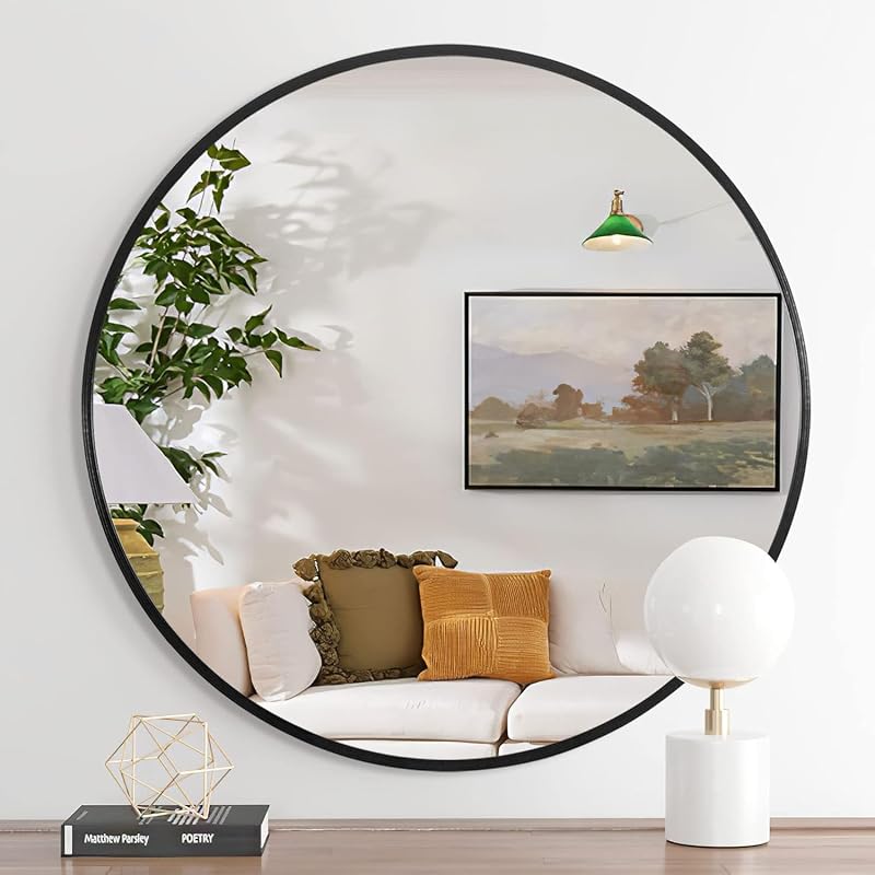 32 Inch Round Wall Mirror with Black Metal Frame - Modern Home Decor (Variation: Black)