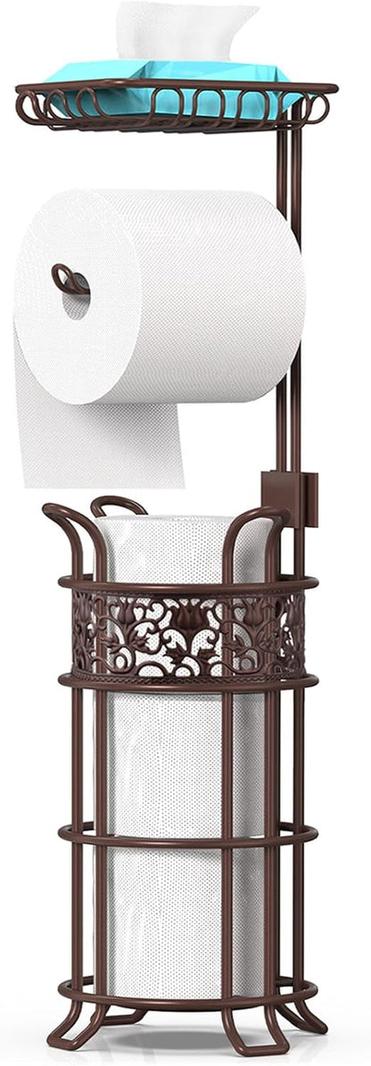 Skiennix Toilet Paper Holder Stand - Sturdy Freestanding Dispenser for 3 Jumbo Rolls | Floral Pattern, Bronze Red