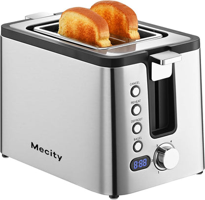 Mecity 2-Slice Stainless Steel Toaster - Timer, Bagel & Defrost Functions | 800W with Extra Wide Slots