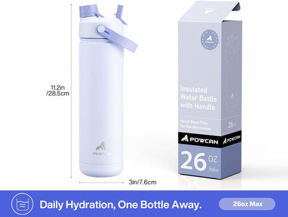 POWCAN 26 oz Insulated Water Bottle - 2-in-1 Straw & Spout Lid | Leak-Proof, Keeps Drinks Cold 24H, Fits Car Cup Holder (Lupine)