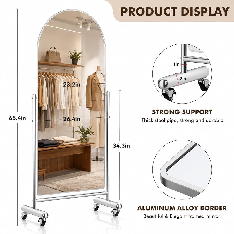 Arched Full Length Mirror with Wheels 65" x 24" - Tilting Stainless Steel Framed Full Body Mirror (Silver)