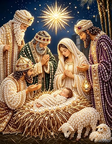 Nativity Pearl Painting Three Wise Men Scene Framed 11.81x15.75 - Navility