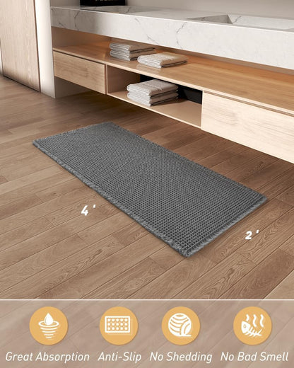Upgraded Waffle Runner Rug, Super Absorbent Non Slip Bath Mats for Bathroom Floor, Washable Bathroom Runner Rug with Tassels, Ideal for Hallway Bedroom Laundry Room, Dark Grey, 2'x 4'(24" x 48")